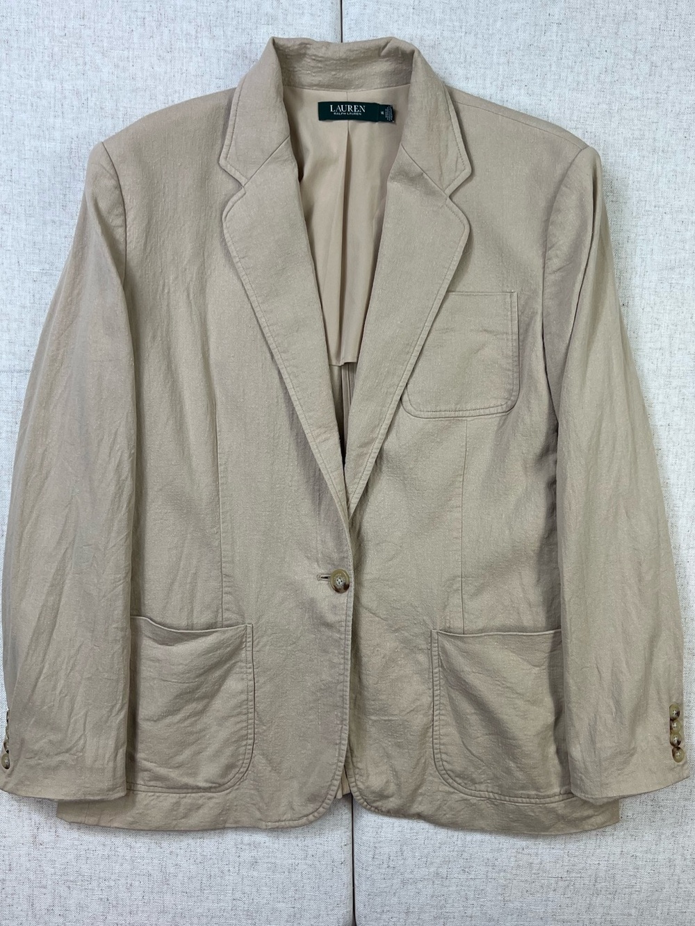 Lauren Ralph Lauren Beige Linen Blend Patch Pocket Blazer Jacket Size 14 Prep